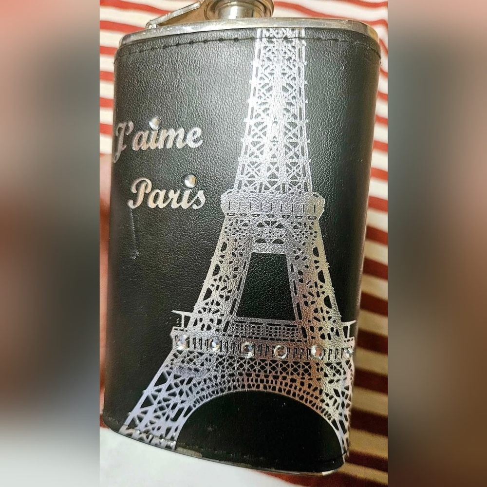J'aime Paris Stainless Steel 5oz Flask Eiffel Tower Rhinestones 4.5" - Picture 4 of 9